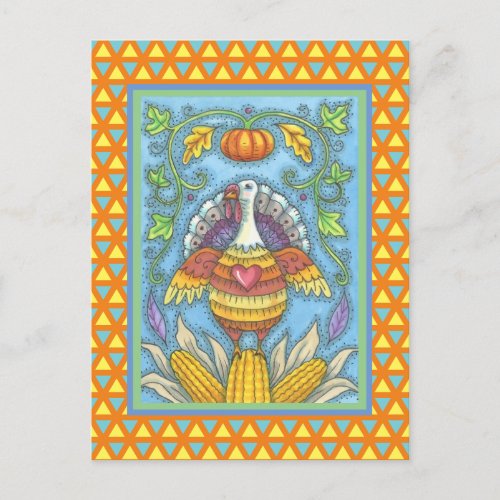 FOLK ART TURKEY COLORS OF THANKSGIVING SEASONAL POSTCARD