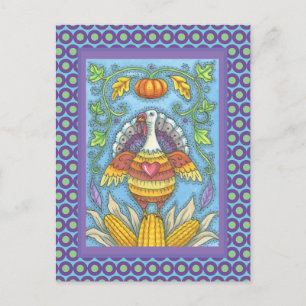 FOLK ART TURKEY, COLORS OF THANKSGIVING SEASONAL POSTCARD