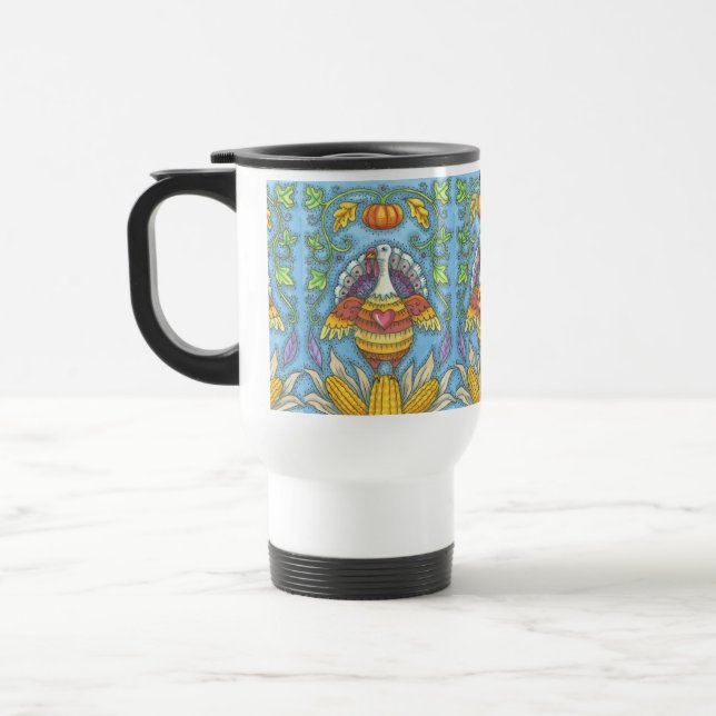 FOLK ART TURKEY, THANKSGIVING COMMUTER TRAVEL  MUG (Left)