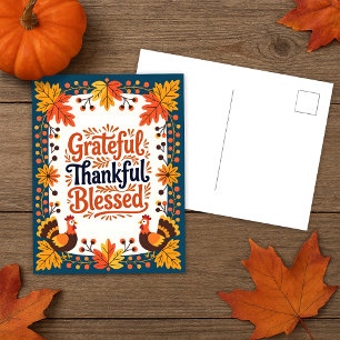 Folk Art Turkey Thanksgiving Gratitude Greeting Postcard