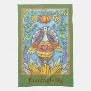 FOLK ART TURKEY THANKSGIVING HOLIDAY KITCHEN TOWEL