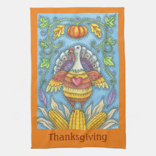 FOLK ART TURKEY THANKSGIVING HOLIDAY KITCHEN TOWEL