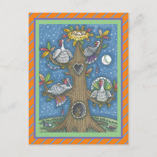 FOLK ART TURKEY TREE, THANKSGIVING GOBBLER HUMOR POSTCARD