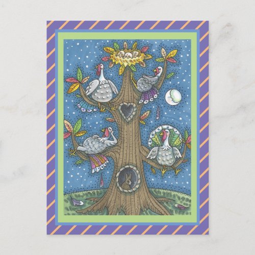 FOLK ART TURKEY TREE THANKSGIVING GOBBLER HUMOR POSTCARD