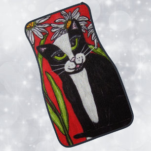 Folk Art Tuxedo Cat Daisies Car Floor Mat
