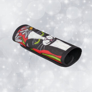 Folk Art Tuxedo Cat Daisies Luggage Handle Wrap