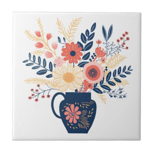 Folk Art Vase and Flowers Illustrated Ceramic Tile