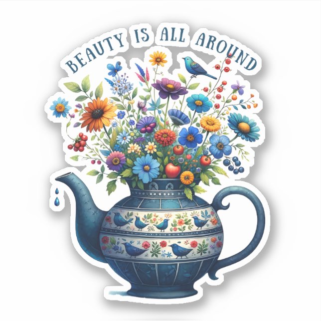Folk Art Vase Flowers Beauty All Around Sticker (Front)