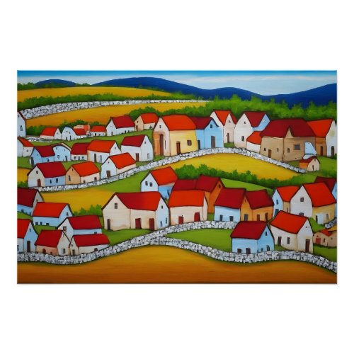 Folk Art Village with Red Roofs Poster