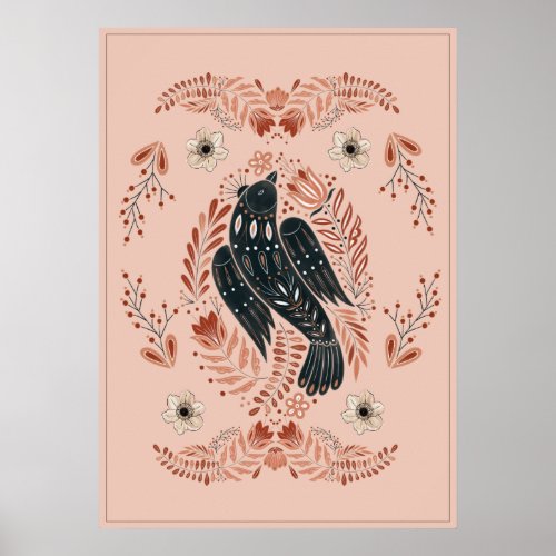 Folk Art Watercolor Bird Floral Poster