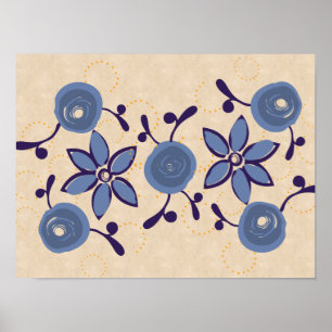 Folk Art Watercolor Blue Roses Linen Poster