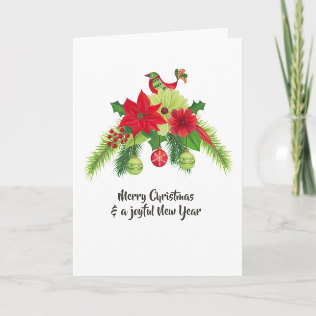 Folk Art Watercolor Floral Christmas Card (Front)