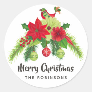 Folk Art Watercolor Floral Christmas Classic Round Sticker