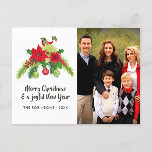 Folk Art Watercolor Floral Christmas Family Photo Holiday Postcard