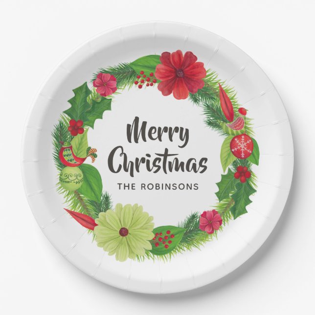 Folk Art Watercolor Floral Christmas Paper Plates (Front)