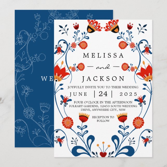 Folk Art Wedding Invitations Blue and Red (Front/Back)