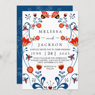 Folk Art Wedding Invitations Blue and Red
