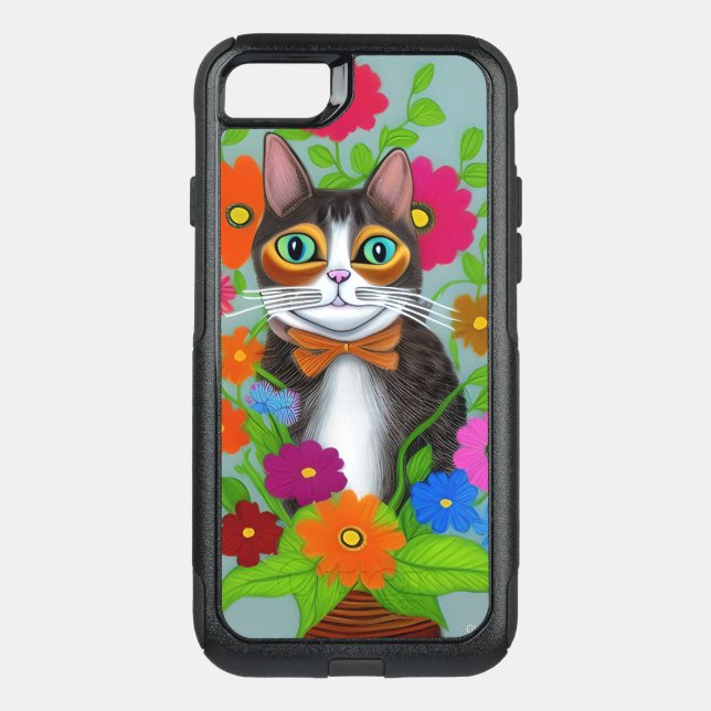 Folk Art Whimsical Cat and Flowers Otterbox iPhone Case (Back)