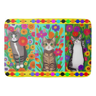 Folk Art Whimsical Style Cat and Flowers Bath Mat