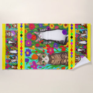 Folk Art Whimsical Style Cat and Flowers Beach Towel
