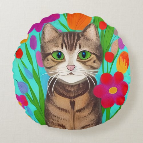 Folk Art Whimsical Style Cat and Flowers Round Pillow