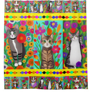 Folk Art Whimsical Style Cat and Flowers Shower Curtain