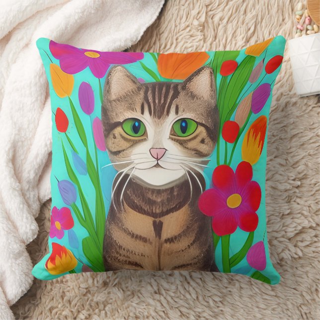 Folk Art Whimsical Style Cat and Flowers Throw Pillow (Blanket)