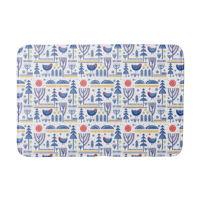Folk Art Winter Bird Pattern Bath Mat (Front)