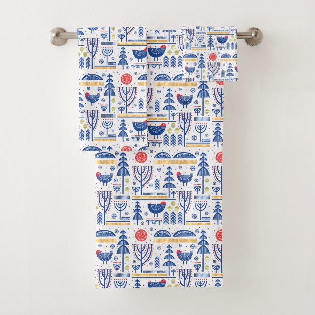 Folk Art Winter Bird Pattern Bath Towel Set (Insitu)