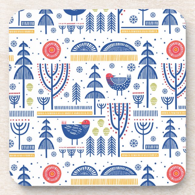 Folk Art Winter Bird Pattern Beverage Coaster (Front)