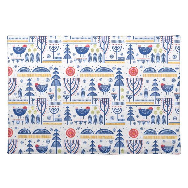 Folk Art Winter Bird Pattern Cloth Placemat (Front)