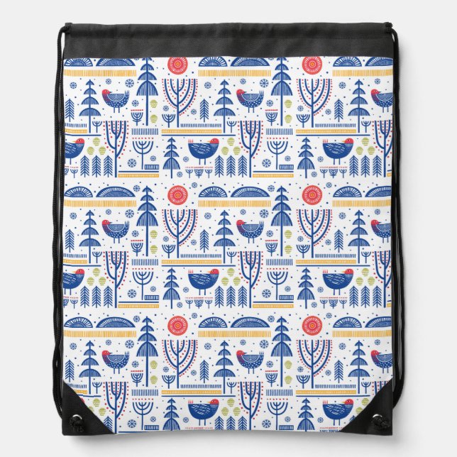 Folk Art Winter Bird Pattern Drawstring Bag (Front)