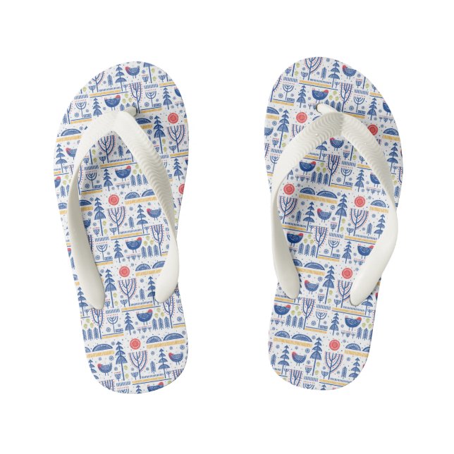 Folk Art Winter Bird Pattern Kid's Flip Flops (Footbed)