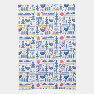Folk Art Winter Bird Pattern Kitchen Towel