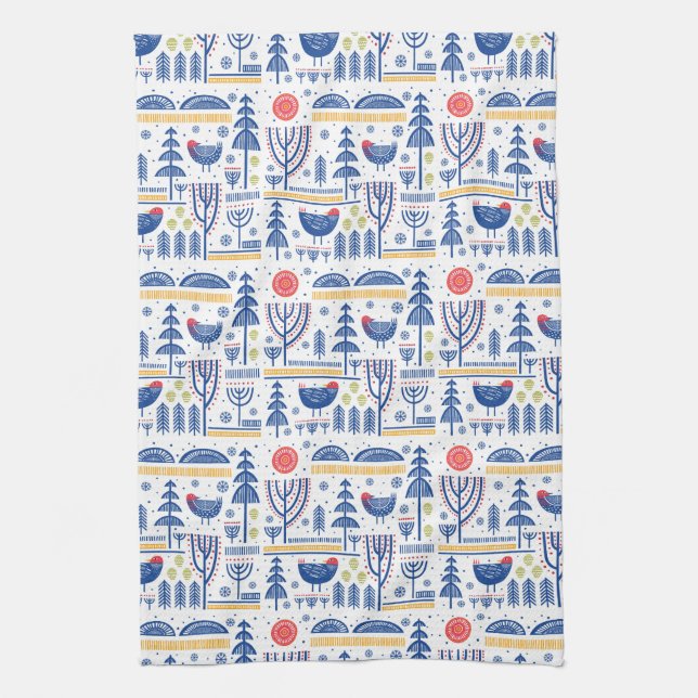 Folk Art Winter Bird Pattern Kitchen Towel (Vertical)