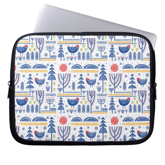 Folk Art Winter Bird Pattern Laptop Sleeve (Front)