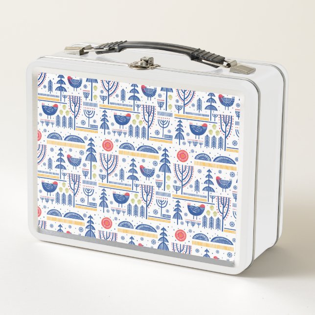 Folk Art Winter Bird Pattern Metal Lunch Box (Front)