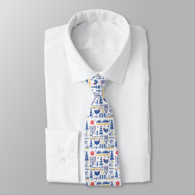 Folk Art Winter Bird Pattern Neck Tie (Tied)