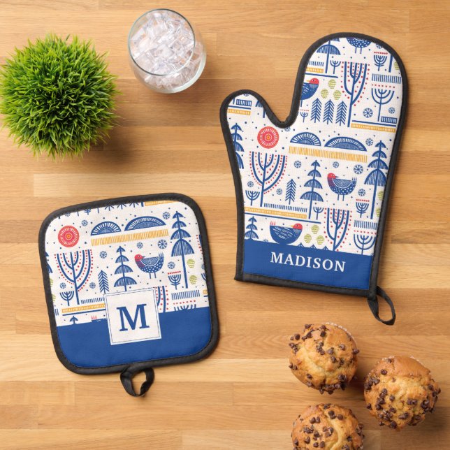 Folk Art Winter Bird Pattern Oven Mitt & Pot Holder Set (Top Down)