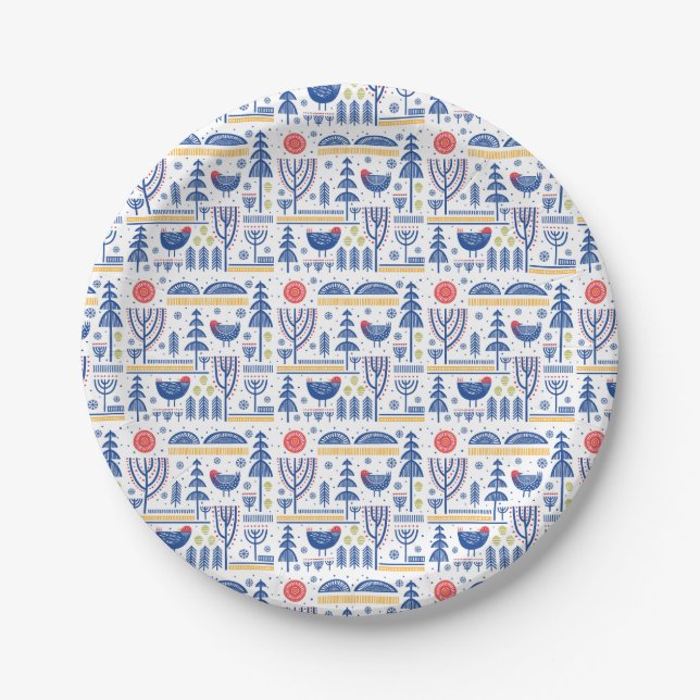 Folk Art Winter Bird Pattern Paper Plates (Front)