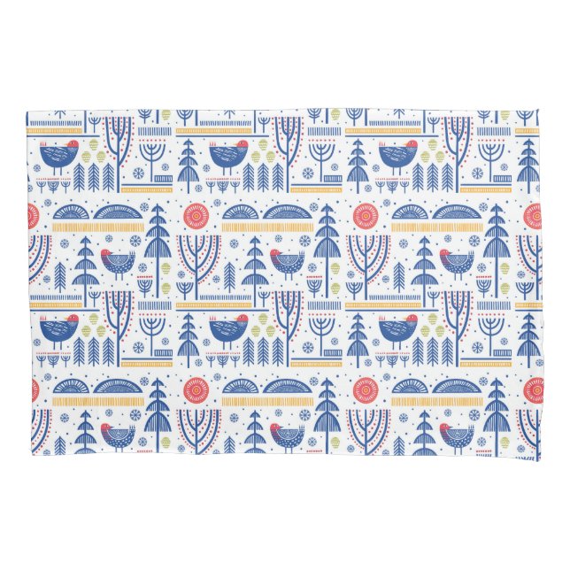 Folk Art Winter Bird Pattern Pillow Case (Front-Left)
