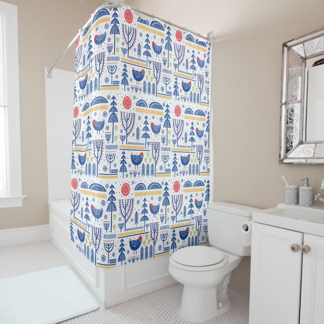 Folk Art Winter Bird Pattern Shower Curtain 