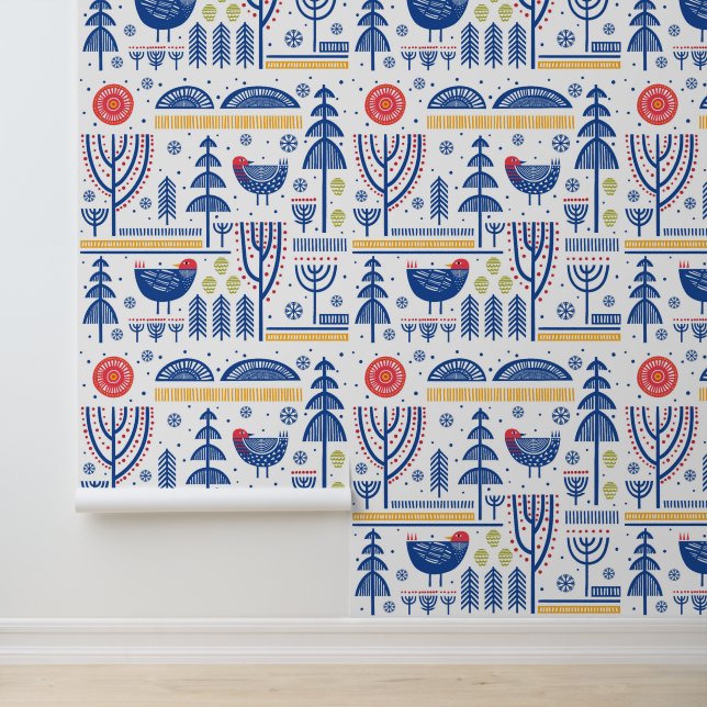 Folk Art Winter Bird Pattern Wallpaper (Application)
