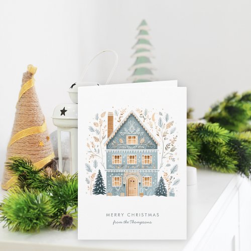 Folk Art Winter Blue House Merry Christmas Holiday Card