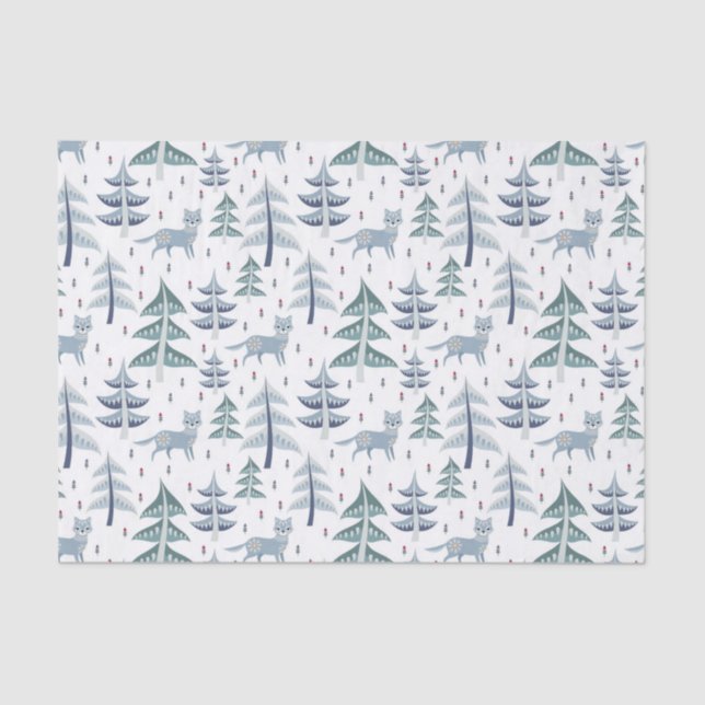 Folk Art Winter Fox and Trees Tissue Paper (Front)