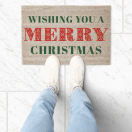 Folk Art Wishing You A Merry Christmas Holiday Fiber Doormat