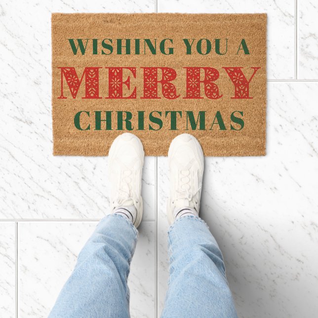 Folk Art Wishing You A Merry Christmas Holiday Fiber Doormat (Insitu)