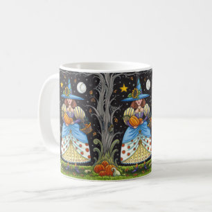 FOLK ART WITCH IN SPOOKY WOODS, BLACK CAT & OWL COFFEE MUG
