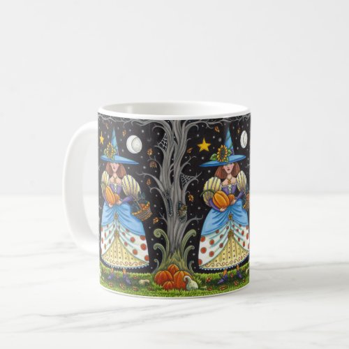 FOLK ART WITCH IN SPOOKY WOODS BLACK CAT  OWL COFFEE MUG