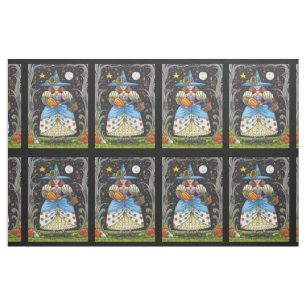 FOLK ART WITCH IN SPOOKY WOODS, BLACK CAT & OWL FABRIC